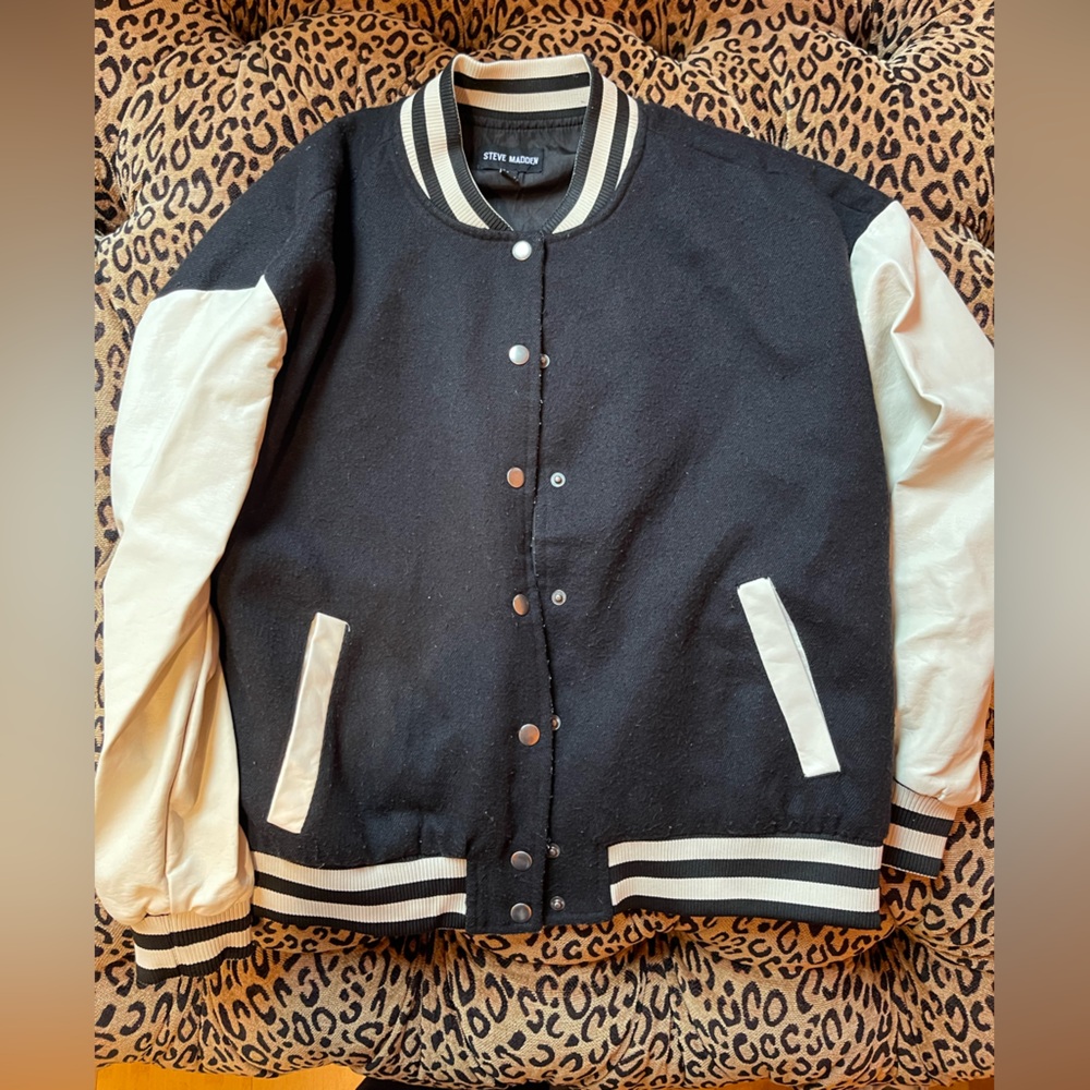 Steve Madden Cream and Black Varsity Bomber Jacket with Ribbed Accents